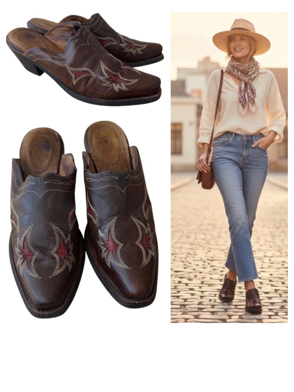 Ariat Manzanita Clogs Mules Shoes Sz 7.5 Western Cowgirl Slip On Brown Leather